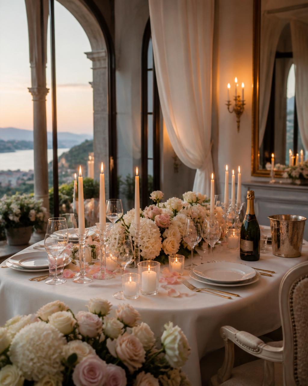 Villa celebration setup with flowers and candles
